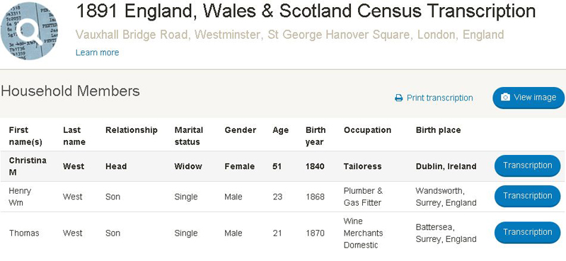Transcription of 1891 English Census Return for Christina West