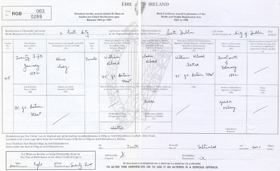 Alice Mary Kiberd's Birth Certificate 25 January 1872