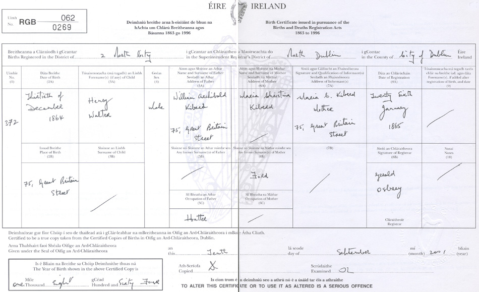Henry Walter Kiberd's Birth Certificate 30 December 1864