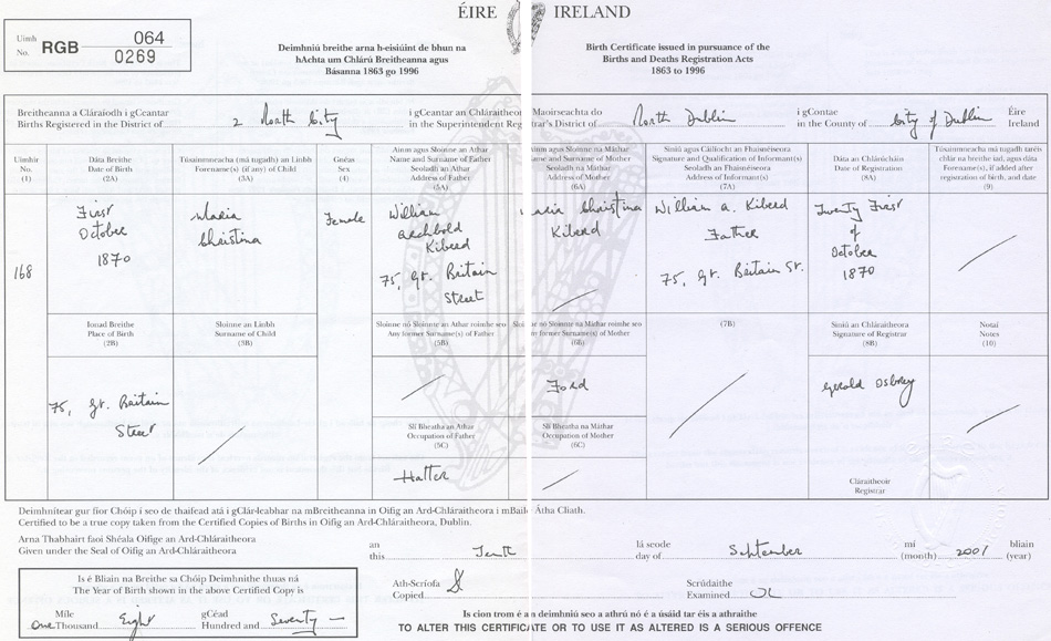 Maria Christina Kiber's Birth Certificate 1 October 1870