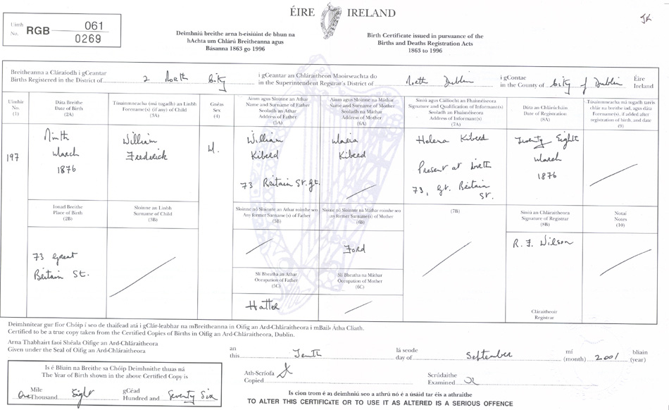 William Kiberd's Birth Certificate 9 March 1876