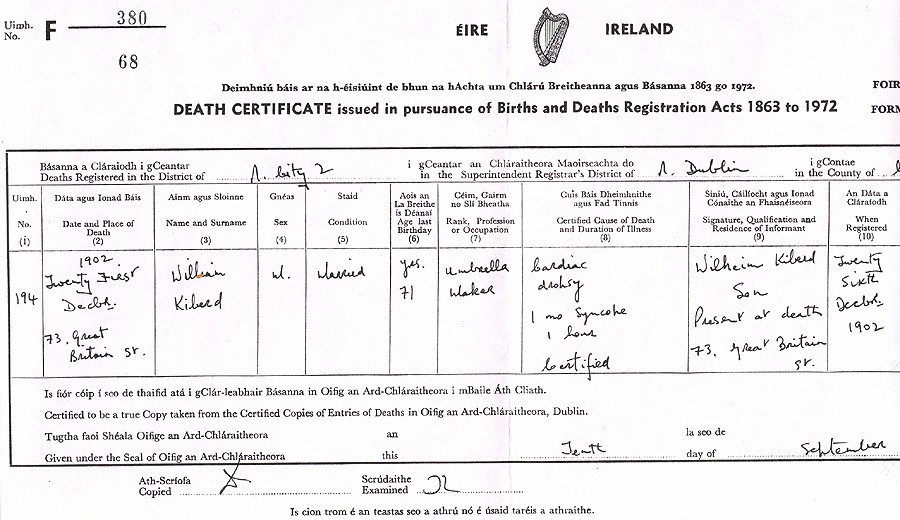 Death certificate for William Kiberd in december 1902