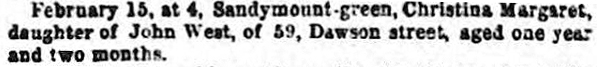 Death Notice for Christina Margaret West in February 1863