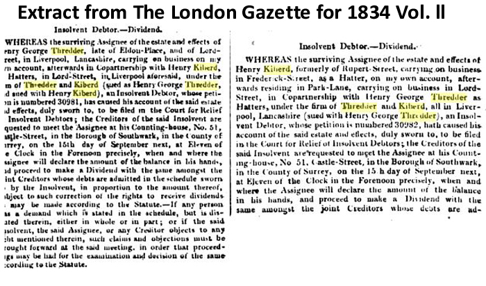 Thredder & Kiberd - London Gazette 1834