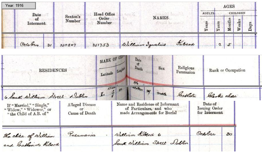 Glasnevin Cemetery record for William Ignatius Kiberd in 1916