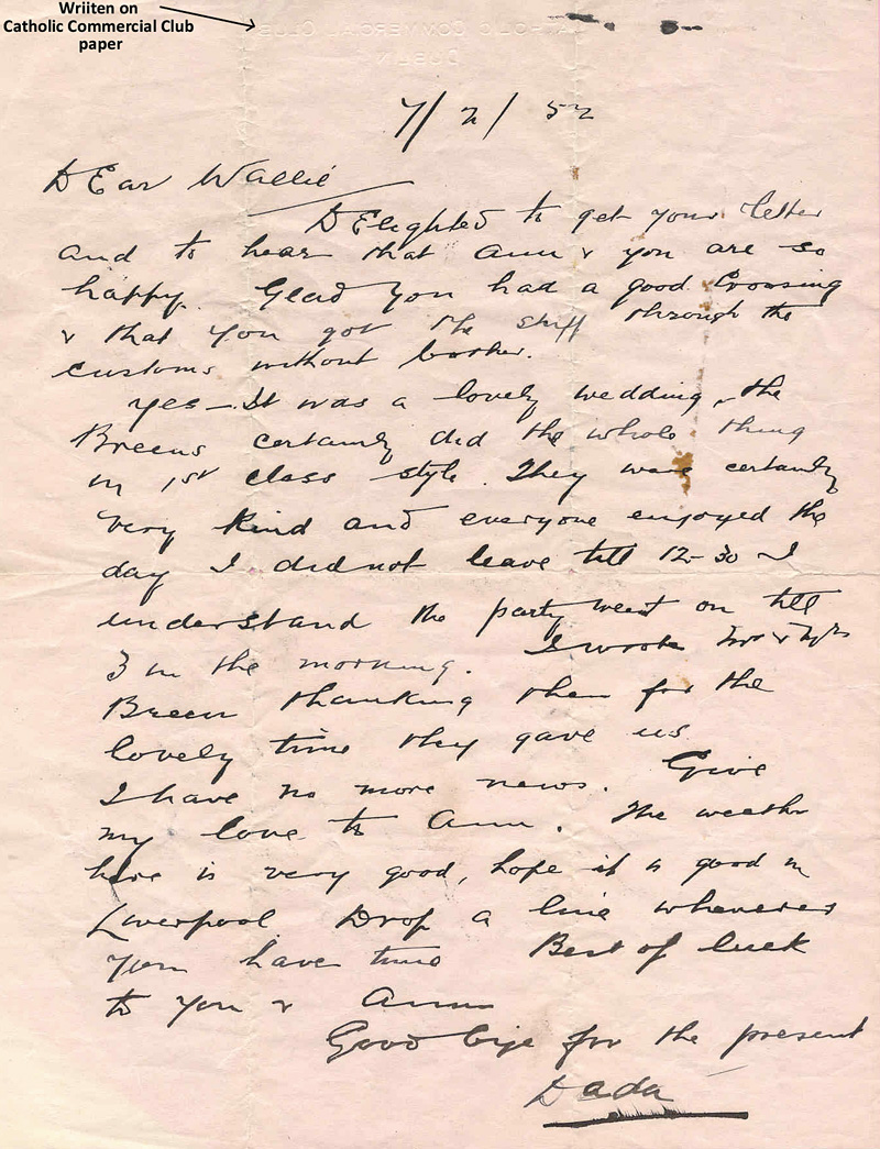 Letter from William Kiberd to wallie Kiberd in 1952