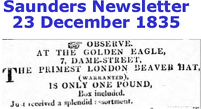 Henry Kiberd's advertisement in the Suanders Newsletter on 23 December 1835