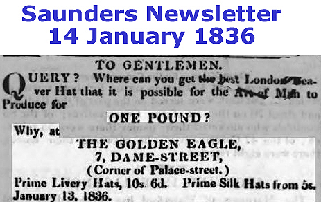 Henry Kiberd's advertisement in the Suanders Newsletter on 14 January 1836