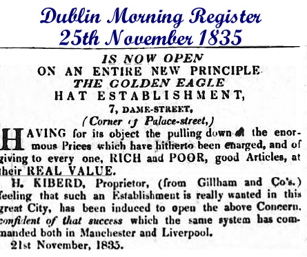 Henry Kiberd's advertisement in the Dublin Morning Register on 25 November 1835