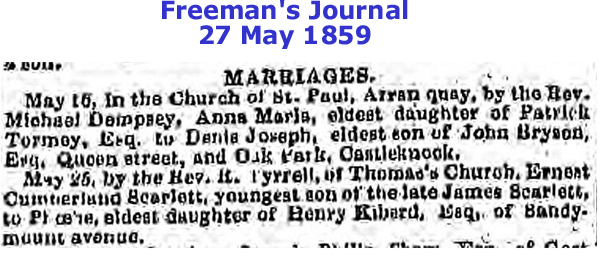 Phoebe Kiberd's wedding notice in the Freeman's Journal in 1859