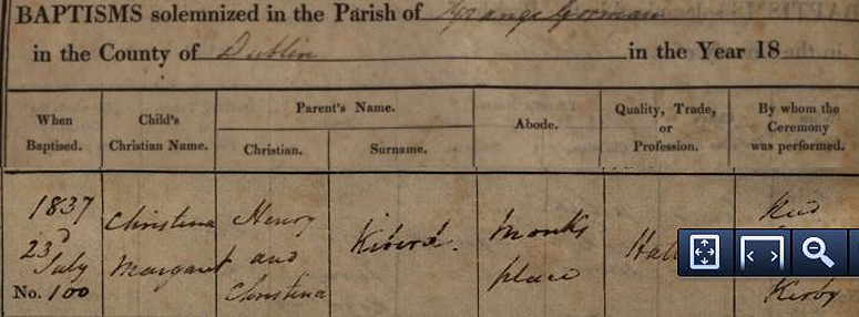 Baptism record for Christina Margaret Kiberd  in 1837